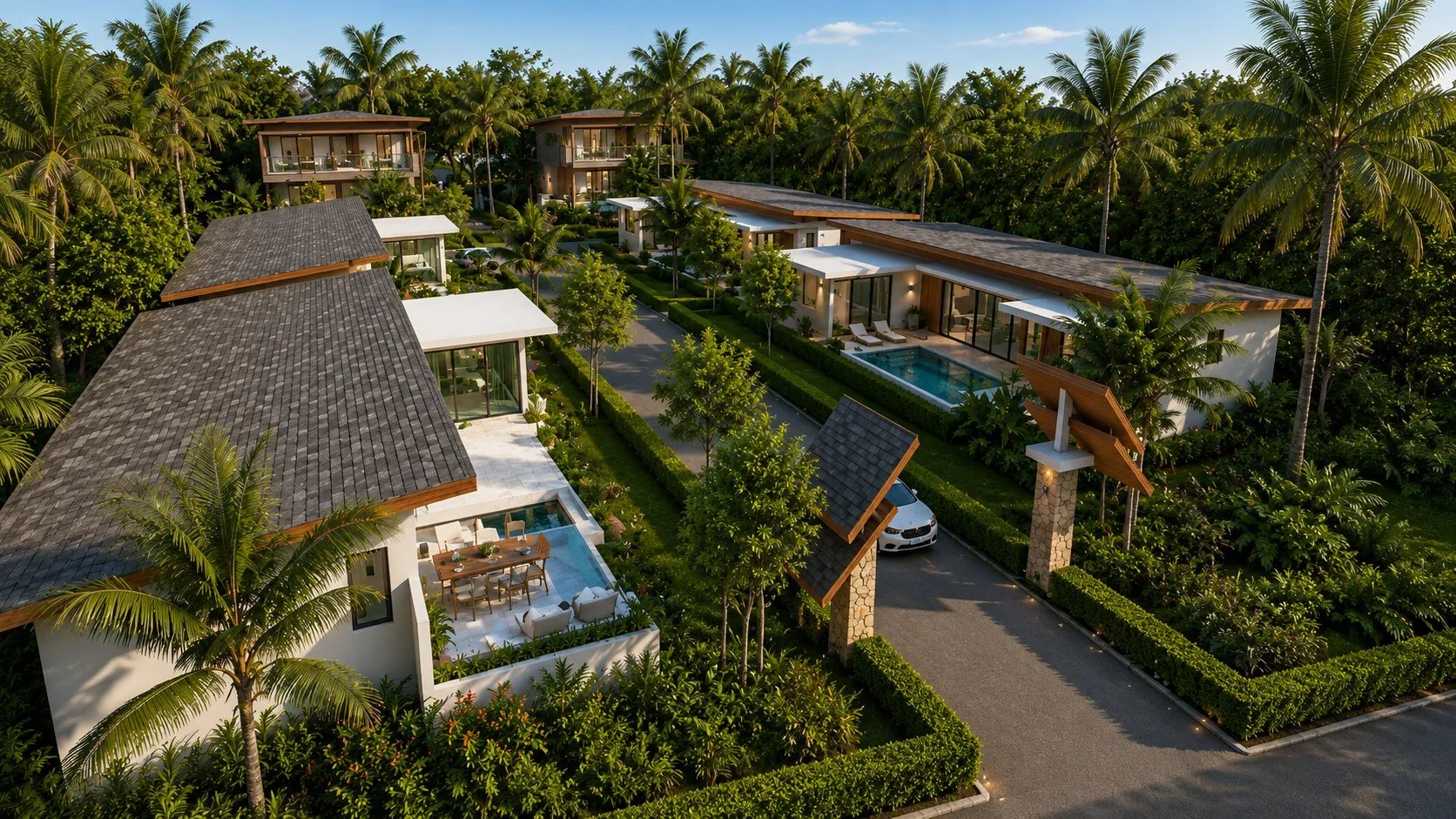 Vue aérienne d'une résidence de villas à Koh Samui, rendu 3D